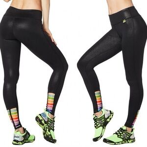 Zumba Fitness Black High-Waist Leggings Rainbow Stripe Ankles L